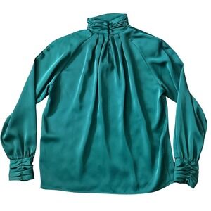 Tess Paris-Milano Emerald Green Satin Mock Neck Ruched Cuff Blouse‎ Vintage HH23